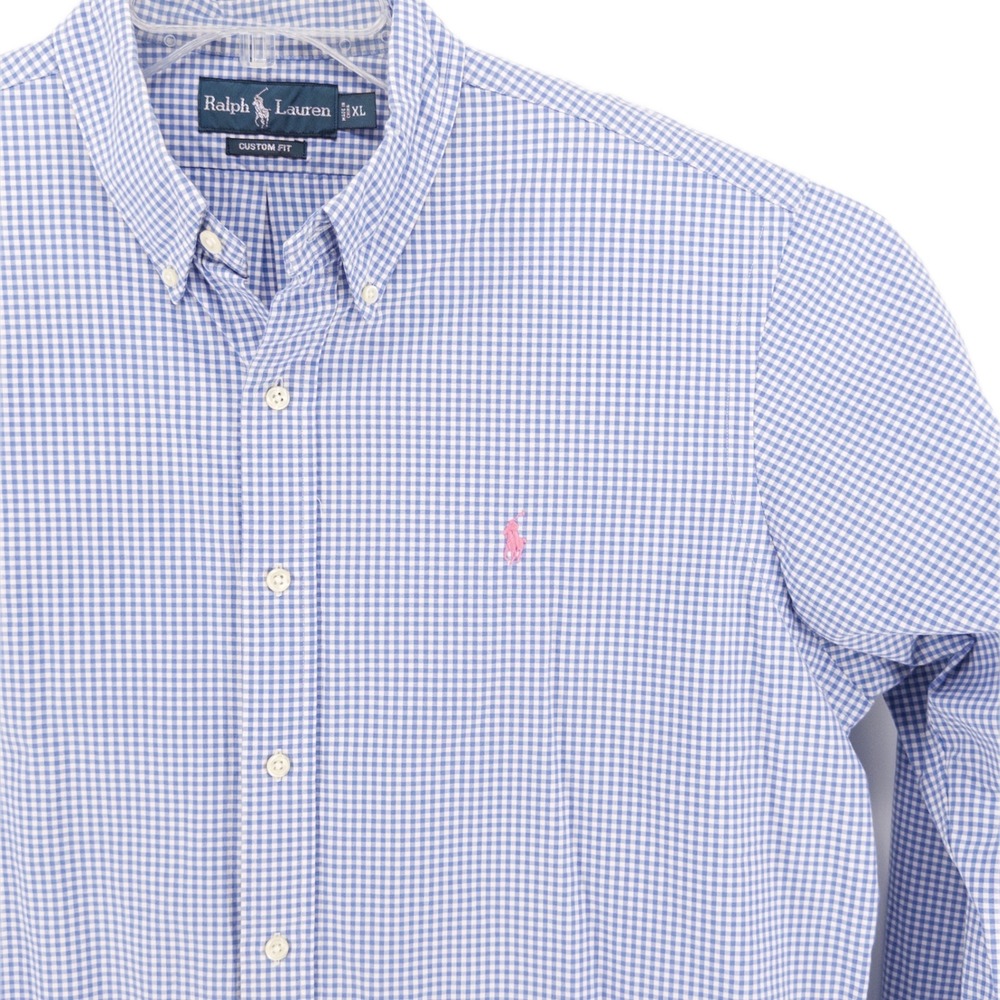 Vintage Polo Ralph Lauren Mens XL Custom Fit Button Down Shirt Blue Gingham Pony